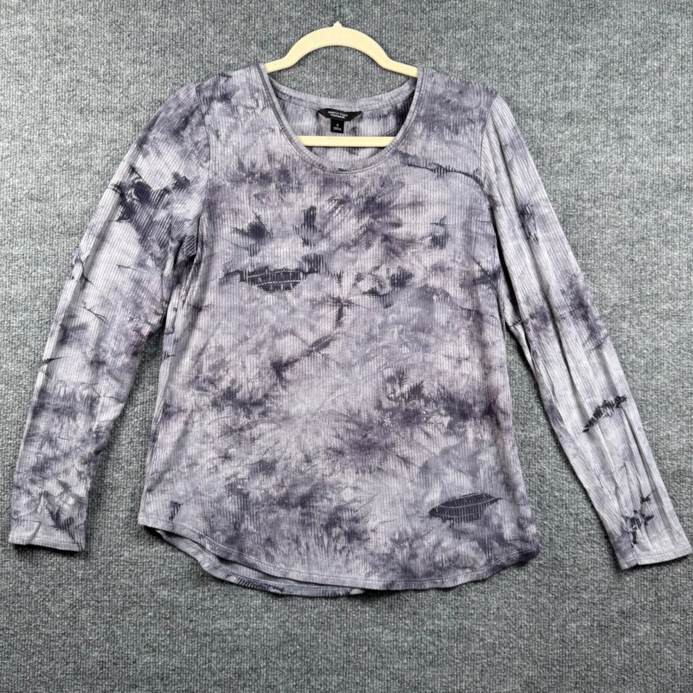 Simply Vera Vera Wang Women Small Grey Tie Dye Ribbed Long Sleeve Top Scoop Neck